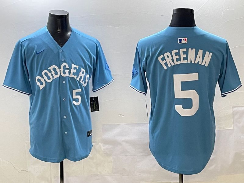 Men Los Angeles Dodgers 5 Freeman Light Blue Throwback Game 2025 Nike MLB Jersey style 24
